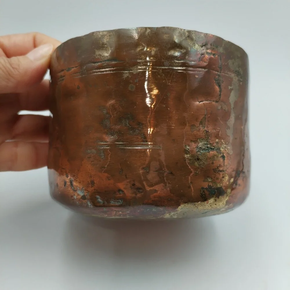 Antique Hand Hammered Copper Bowl Cup Heavy Verdigris Patina Middle‎ Eastern 3